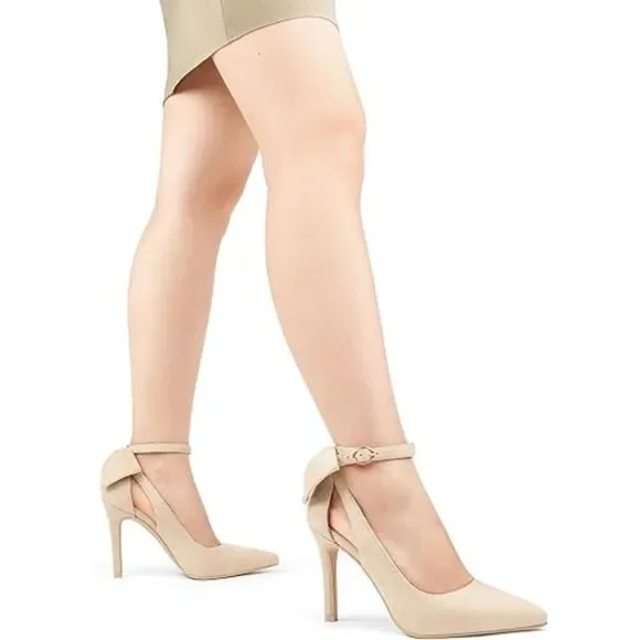 Womens Bow Knot Cream High Heels Pointed Toe Stiletto Ankle Strap D'Orsay Pumps